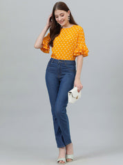 Kotty Yellow Polka Dot Print Flared Sleeve Satin Top