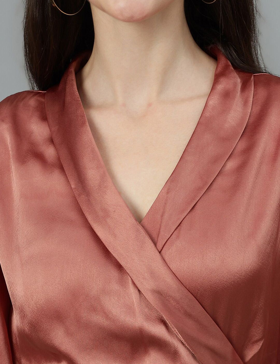 Kotty Copper Toned V Neck Bishop Sleeves Satin Pleated Fit & Flare Dress