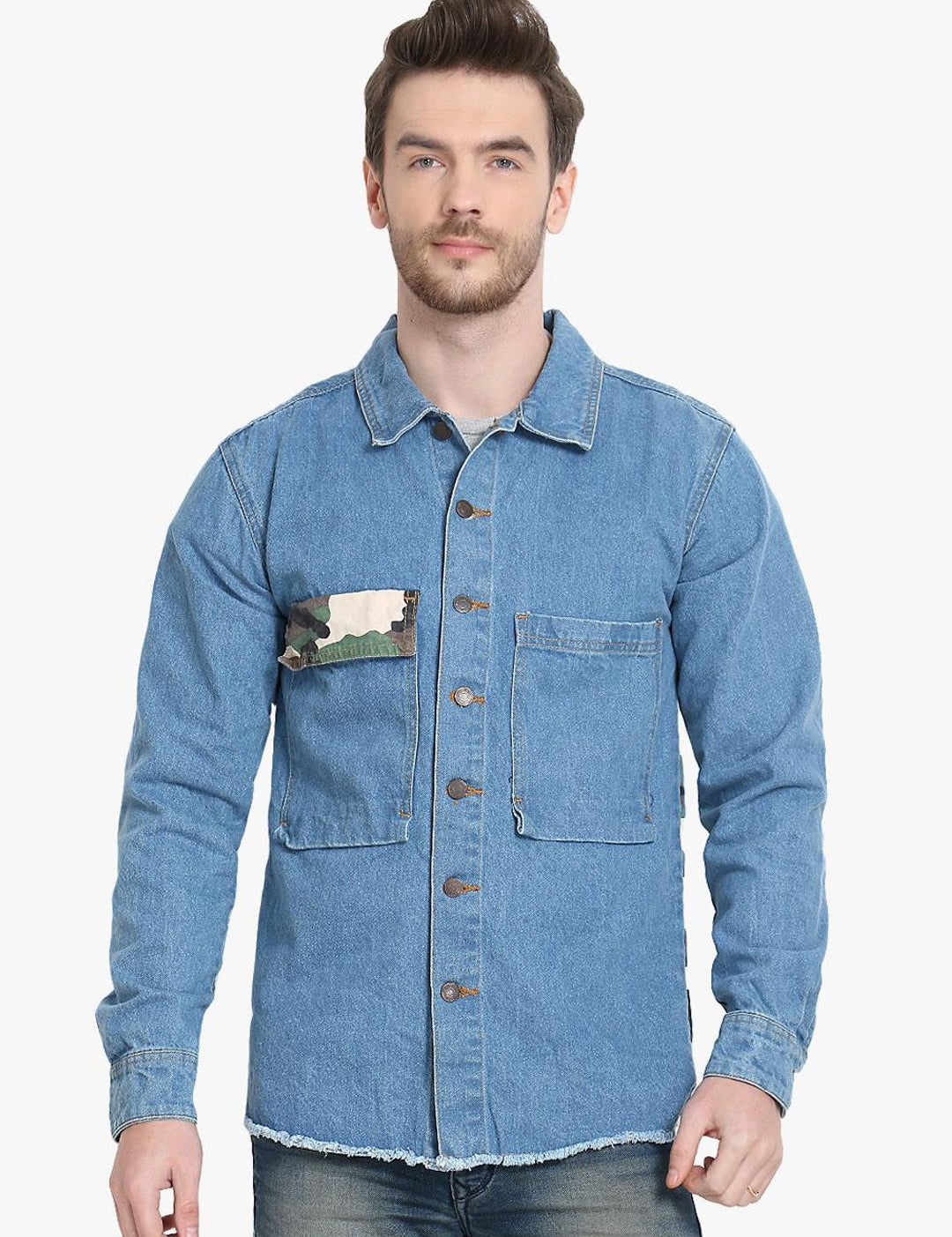 Kotty Men Blue & Green Camouflage Printed Denim Jacket