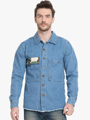 Kotty Men Blue & Green Camouflage Printed Denim Jacket