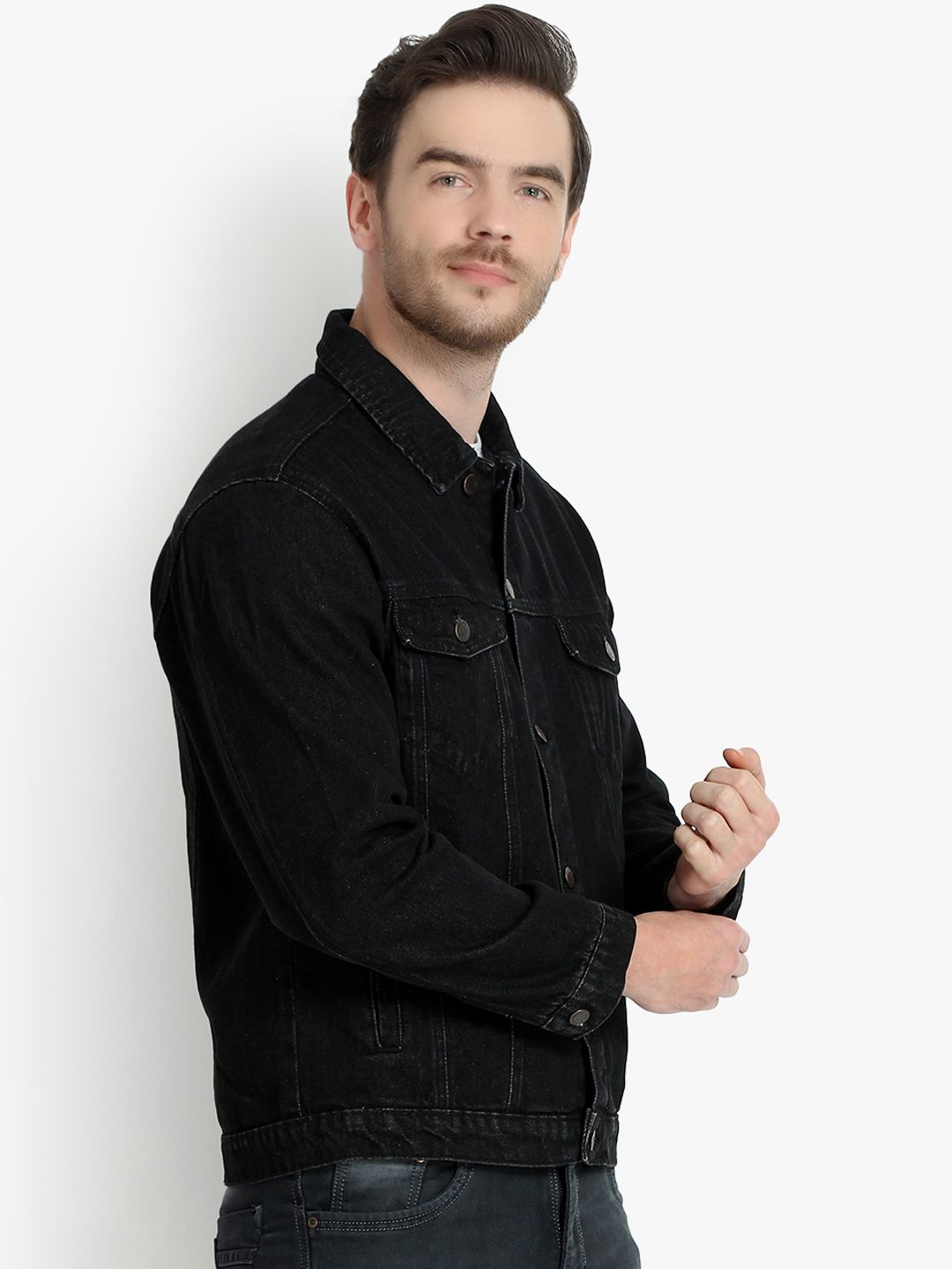 Kotty Men Black Solid Denim Jacket