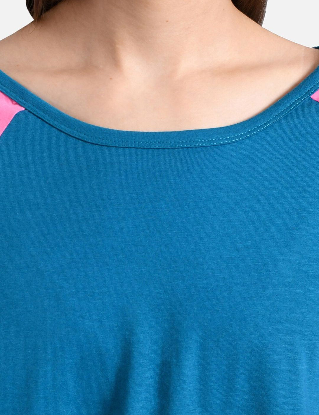 Kotty Women Navy Blue & Pink Colourblocked Boat Neck T-shirt