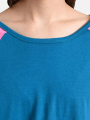 Kotty Women Navy Blue & Pink Colourblocked Boat Neck T-shirt