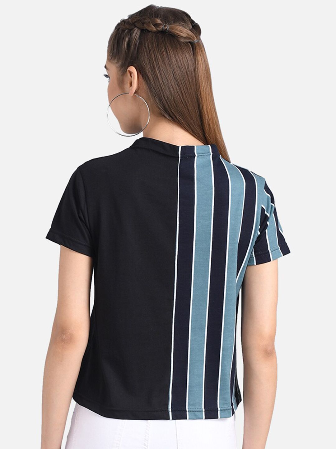 Kotty Women Black & Blue Striped Pure Cotton Top