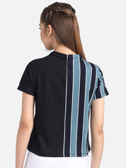 Kotty Women Black & Blue Striped Pure Cotton Top