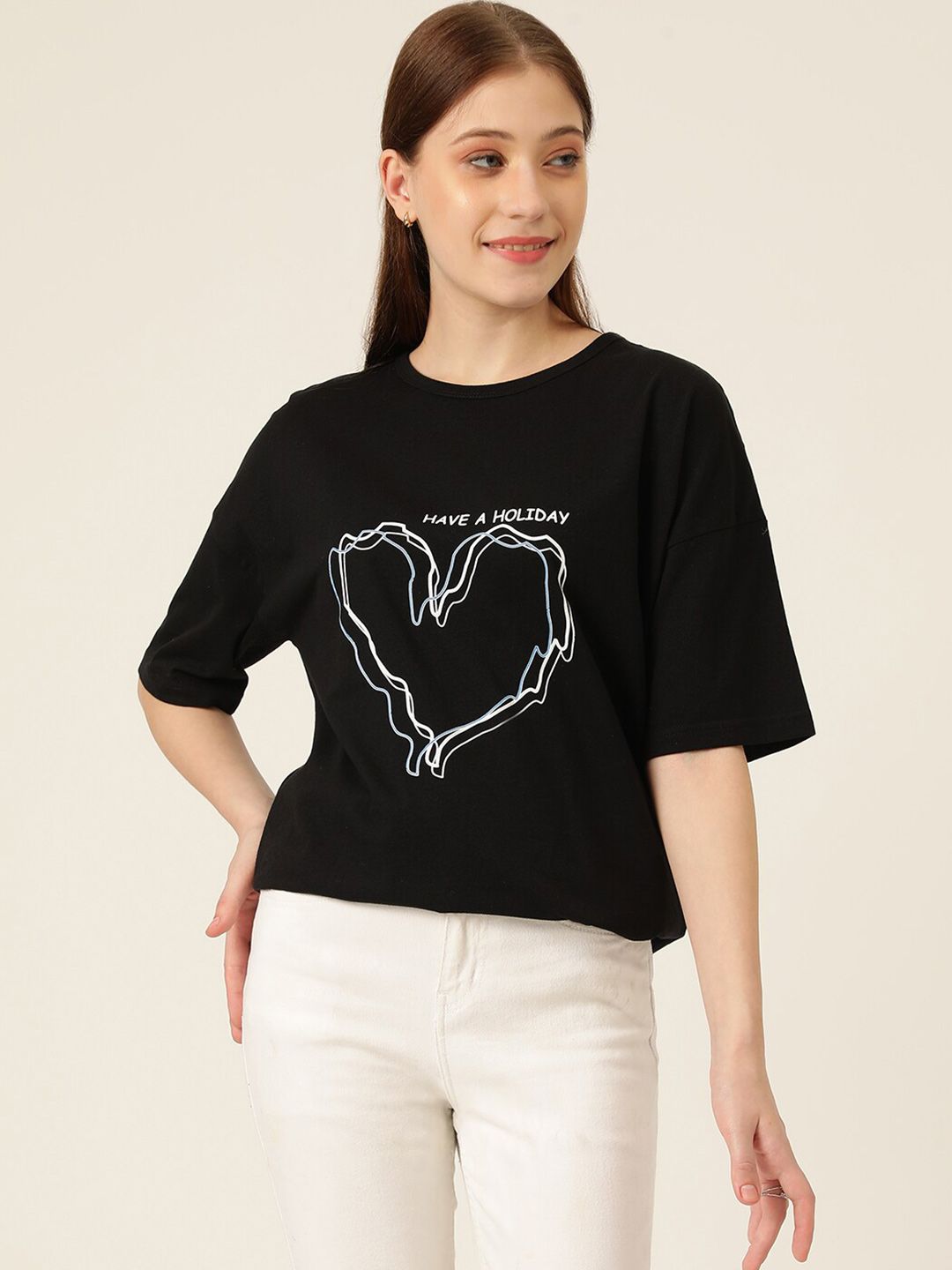 KOTTY Basics Graphic Printed Round Neck Drop-Shoulder Sleeves Oversized T-shirt