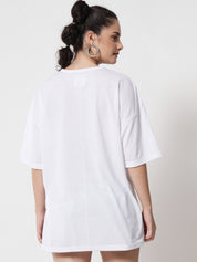 Kotty Women White Typography Printed Drop-Shoulder Sleeves Oversized T-shirt