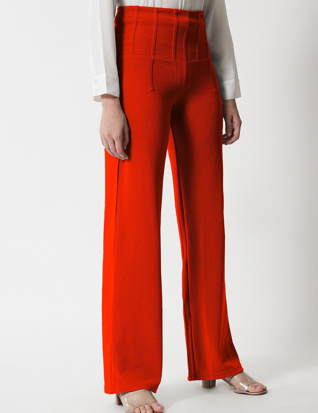 Kotty Women Orange Relaxed Straight Fit High-Rise Easy Wash Pleated Trousers