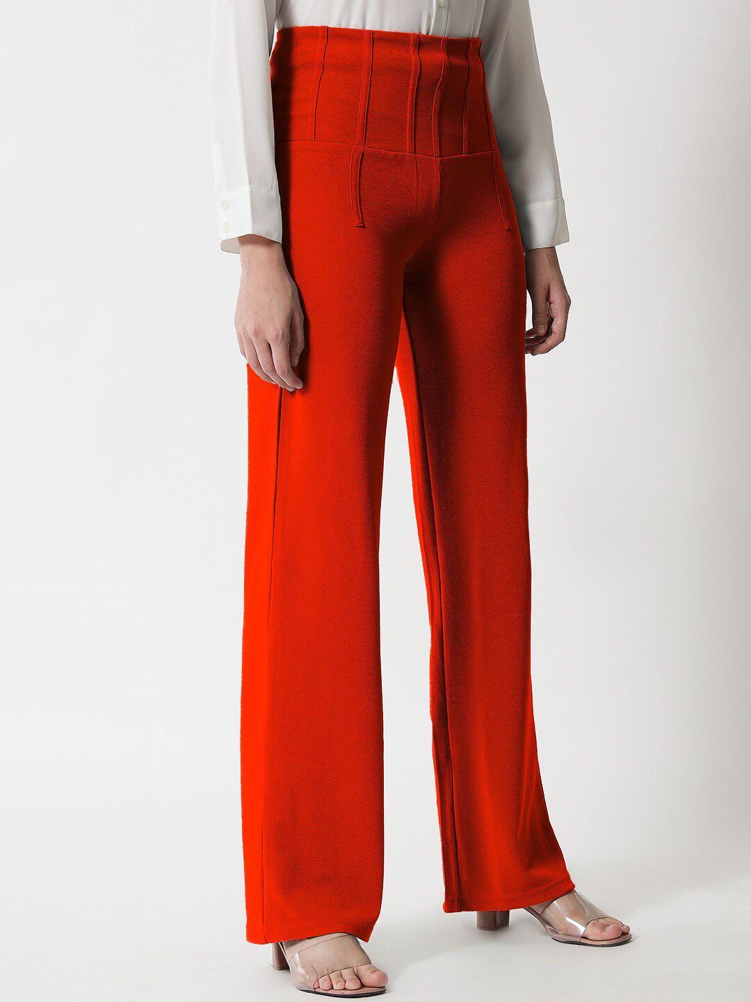 Kotty Women Orange Relaxed Straight Fit High-Rise Easy Wash Pleated Trousers