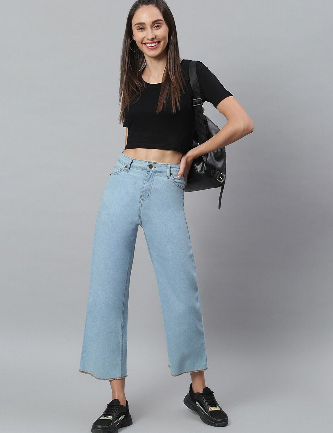 Kotty Women Blue Solid Cotton High Rise Crop Flared Jeans