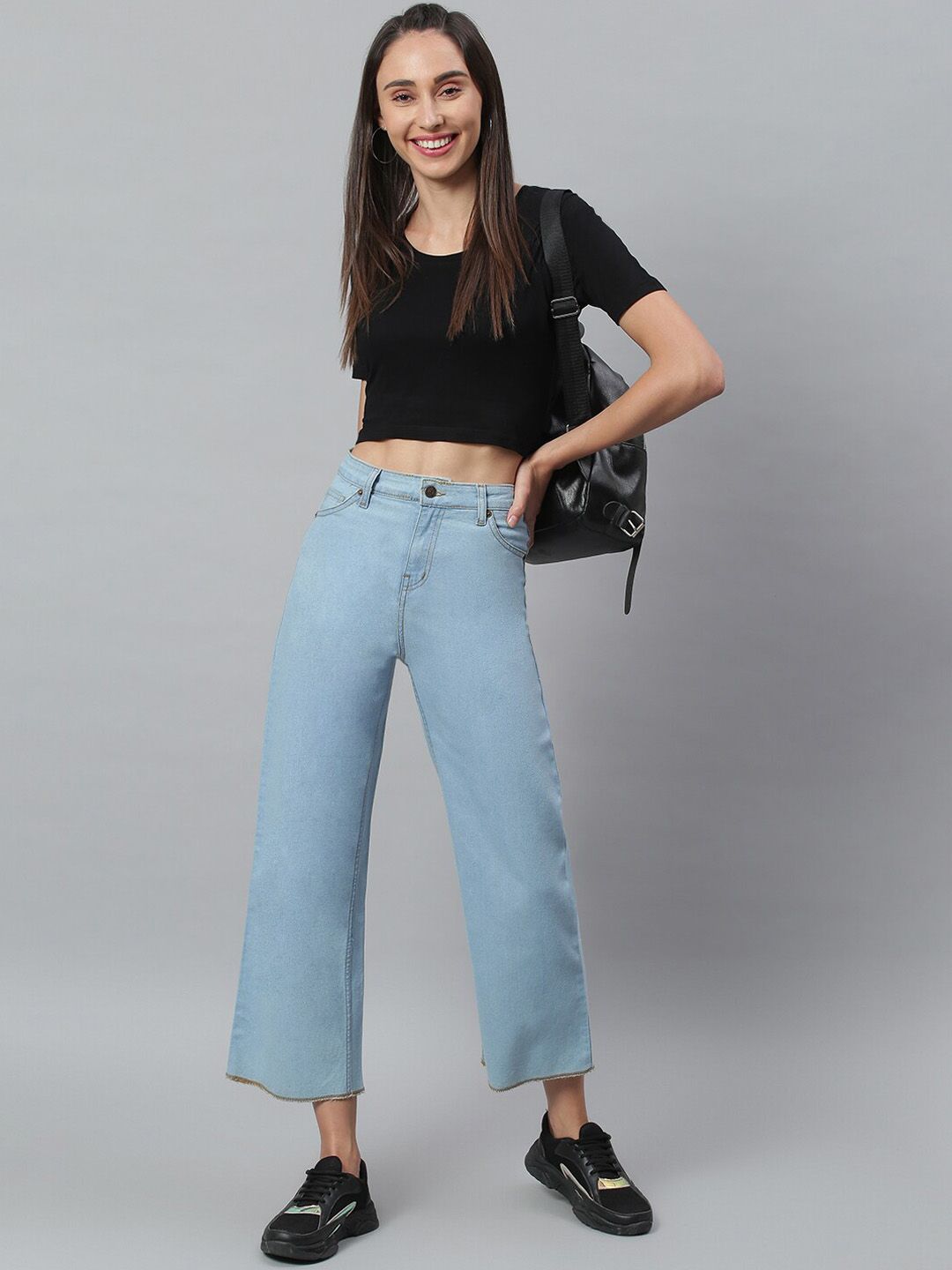 Kotty Women Blue Solid Cotton High Rise Crop Flared Jeans