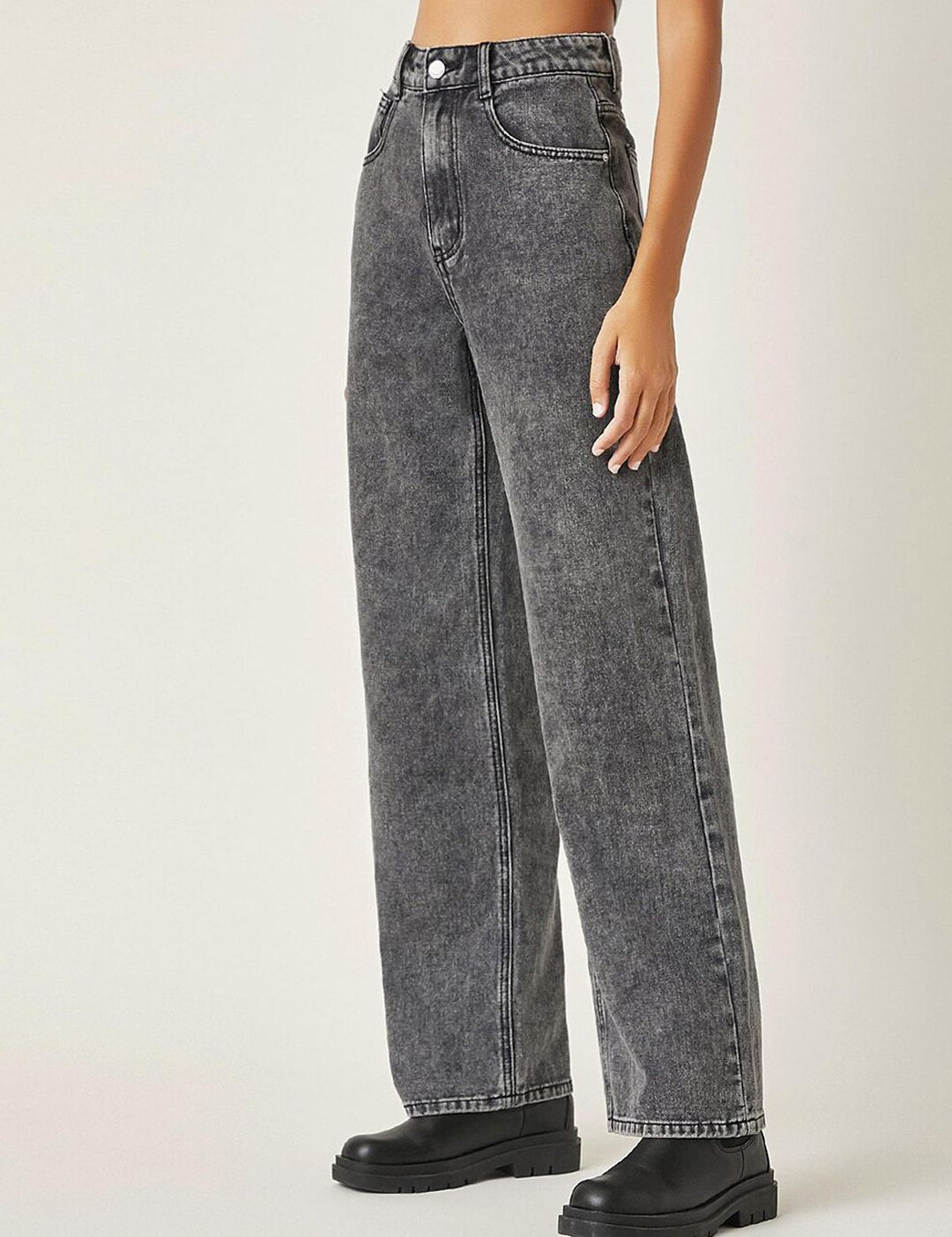 Kotty Women Grey Jean Straight Fit High Rise Clean Look Heavy Fade Stretchable Jeans