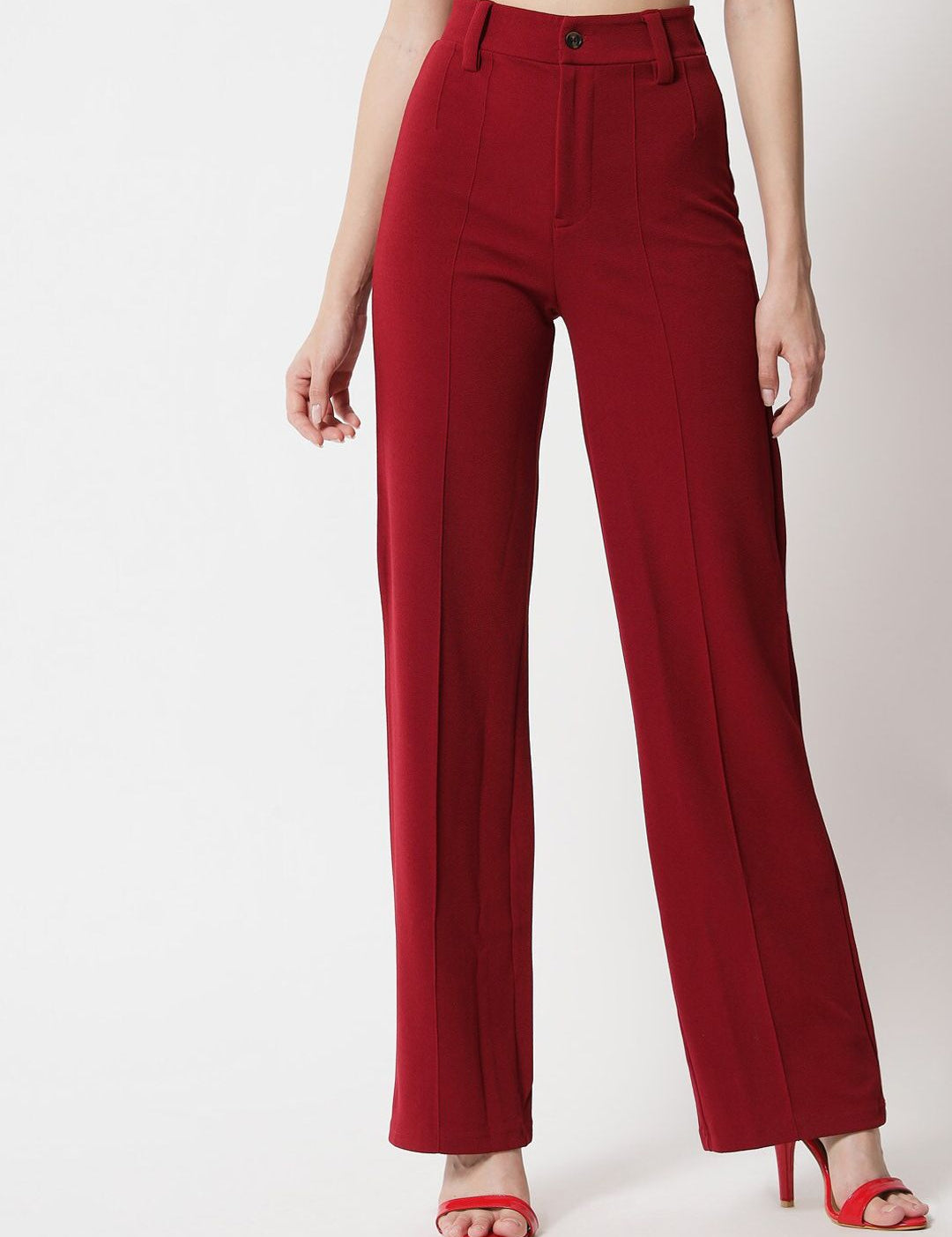 KOTTY BIZwear Women Maroon Relaxed Straight Fit High-Rise Easy Wash Trousers