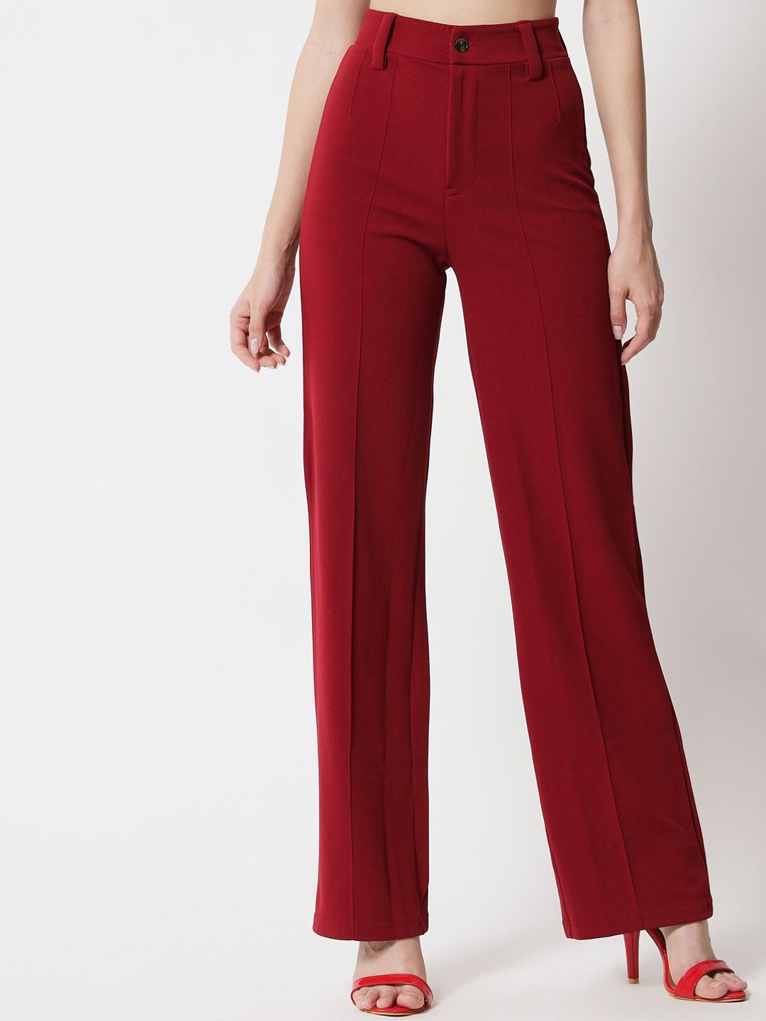 KOTTY BIZwear Women Maroon Relaxed Straight Fit High-Rise Easy Wash Trousers