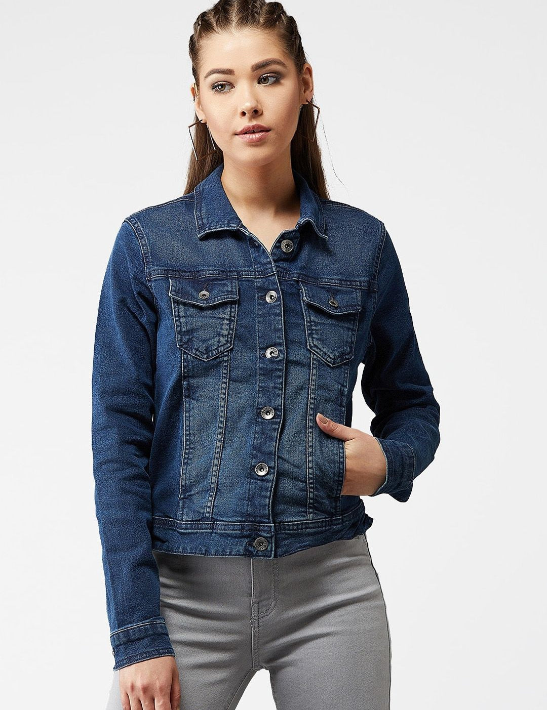 Kotty Women Navy Blue Solid Denim Jacket