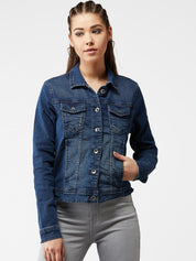 Kotty Women Navy Blue Solid Denim Jacket