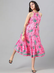 Kotty Pink Ethnic Motif Printed Tiered Fit & Flare Midi Dress With Belt