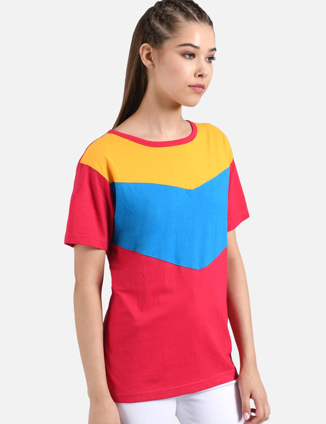 Kotty Women Red & Blue Colourblocked Boat Neck T-shirt