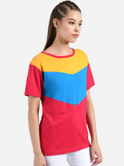 Kotty Women Red & Blue Colourblocked Boat Neck T-shirt