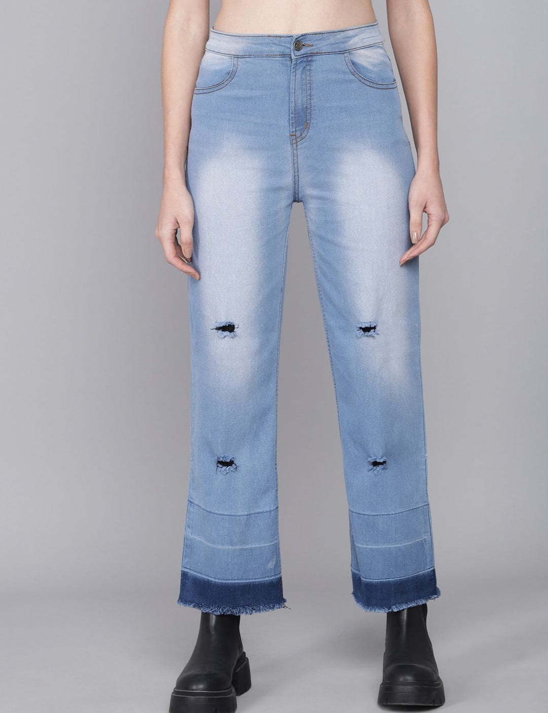 Kotty Women Blue Flared High-Rise Low Distress Heavy Fade Jeans