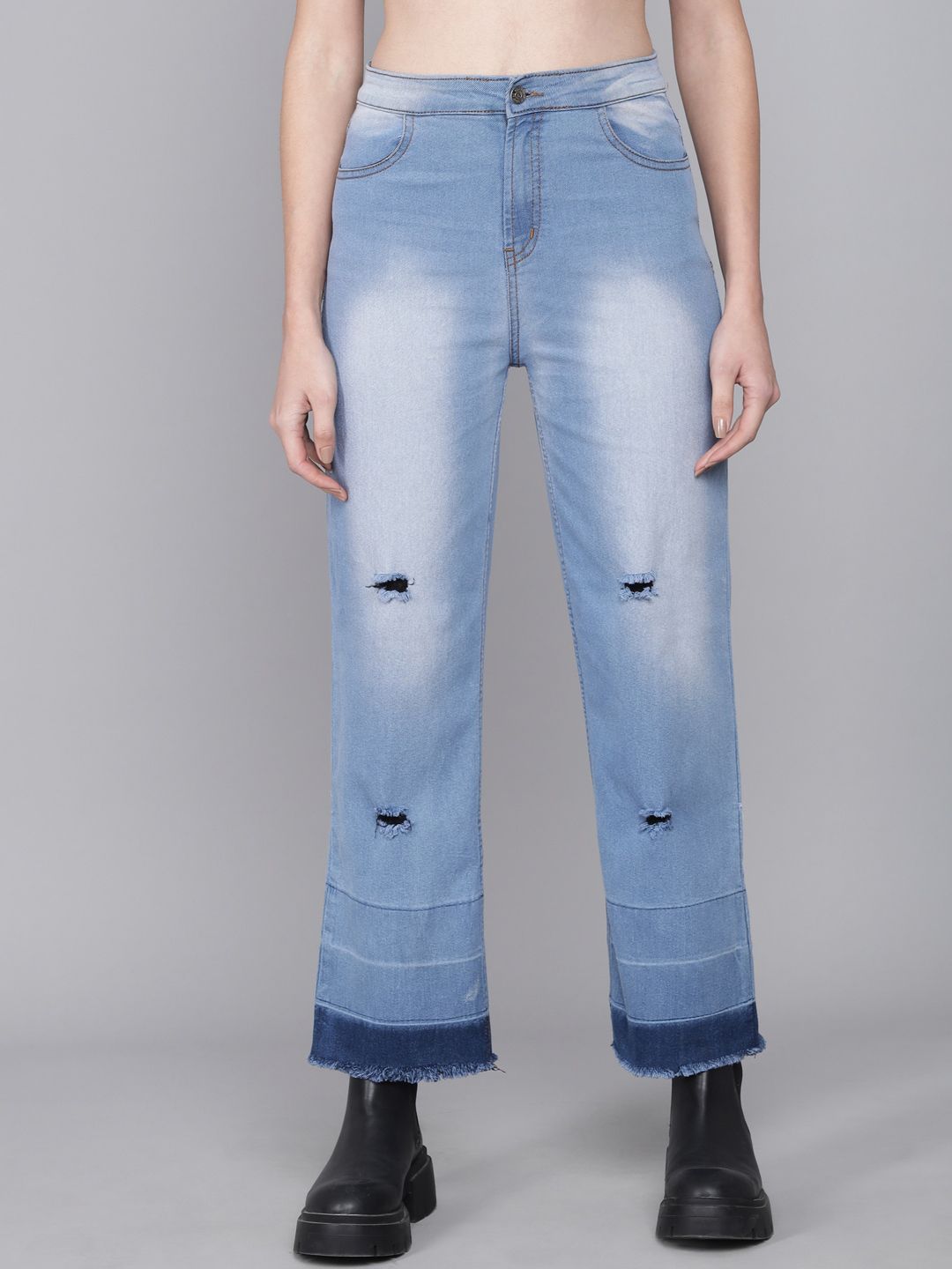 Kotty Women Blue Flared High-Rise Low Distress Heavy Fade Jeans