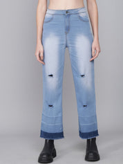Kotty Women Blue Flared High-Rise Low Distress Heavy Fade Jeans