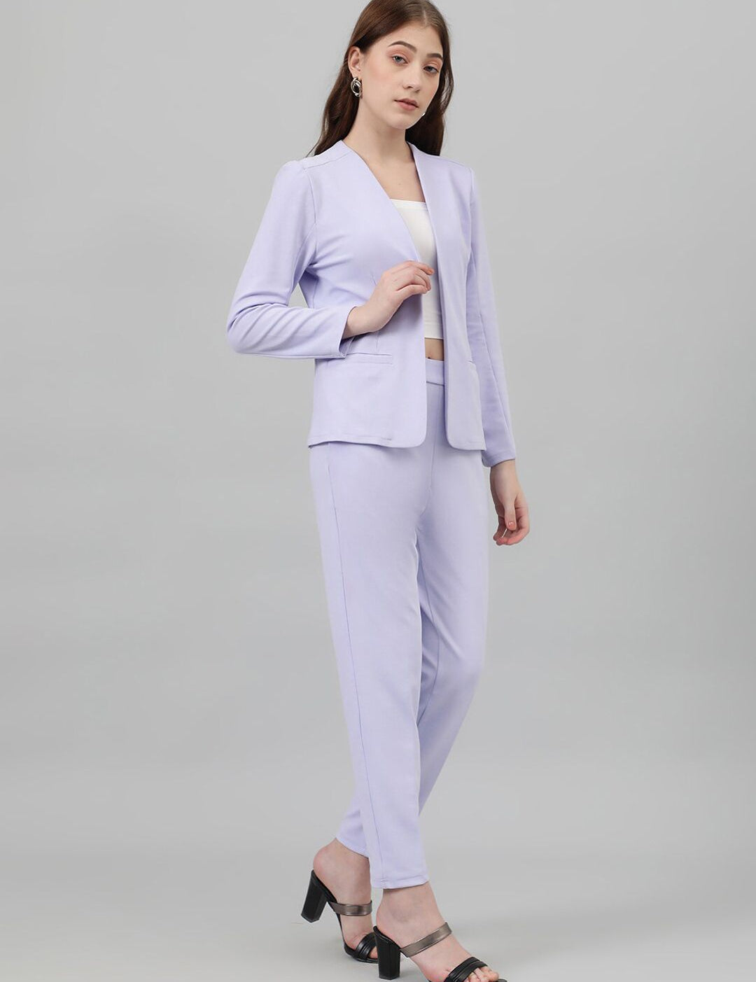 Kotty Purple Collarless Long Sleeves Blazer With Trousers