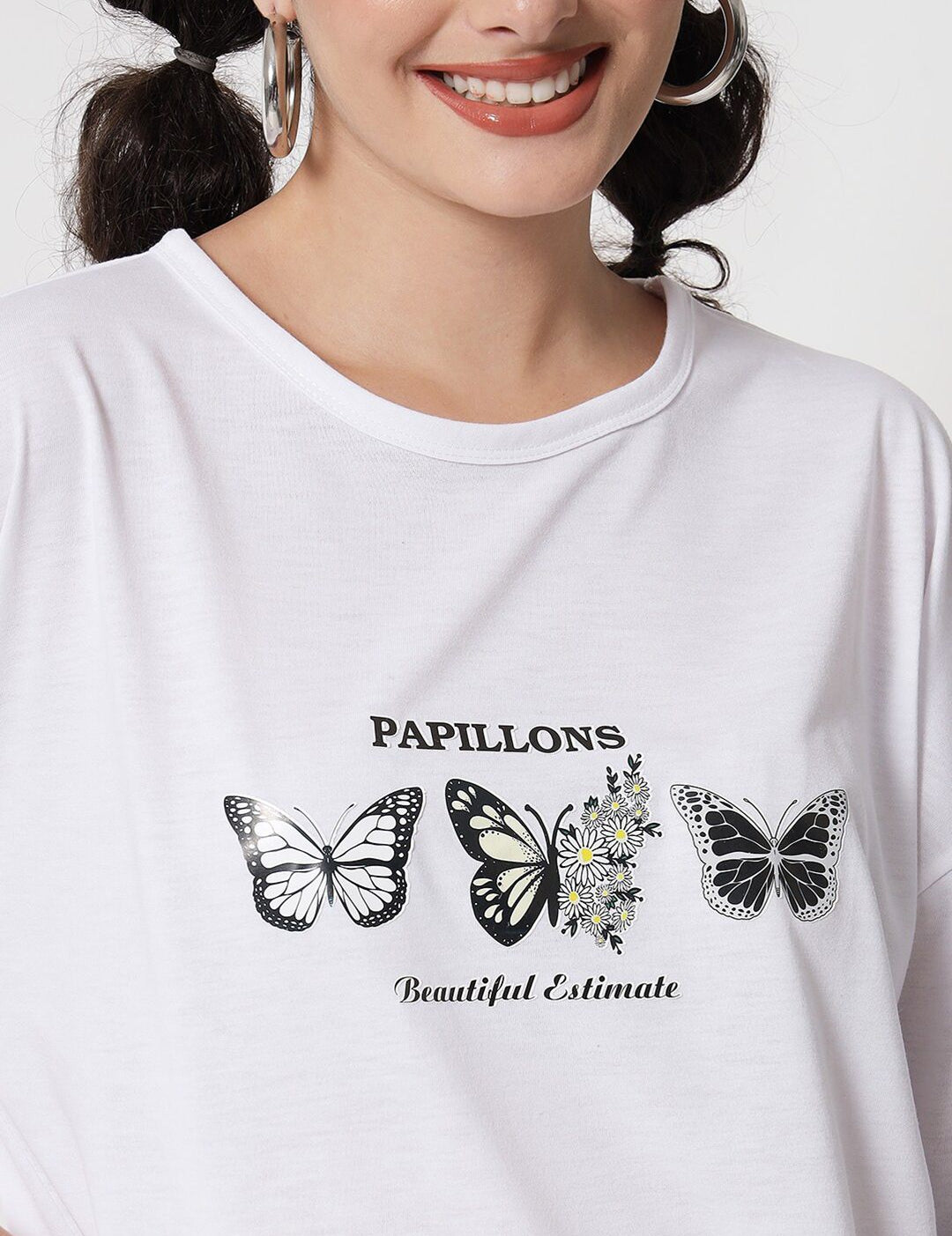 Kotty Women White Typography Printed Extended Sleeves Oversized T-shirt