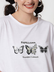 Kotty Women White Typography Printed Extended Sleeves Oversized T-shirt