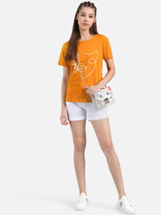 Kotty Women Orange & White Printed Round Neck T-shirt