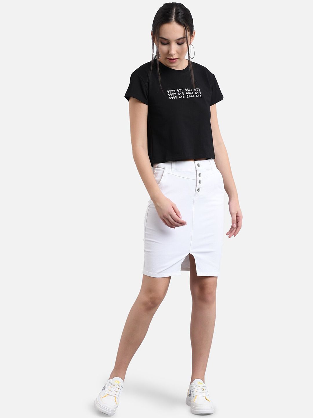 Kotty Women White Solid Denim Pencil Skirt