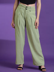 Kotty Women Solid Relaxed Straight Fit Mid-Rise Easy Wash Pleated Regular Trousers