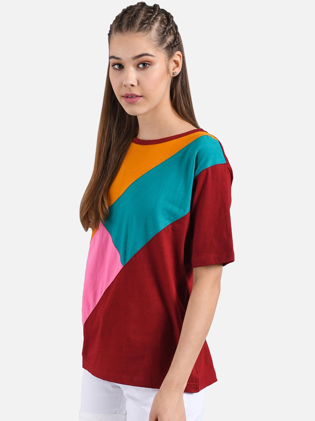 Kotty Women Multicoloured Colourblocked V-Neck T-shirt