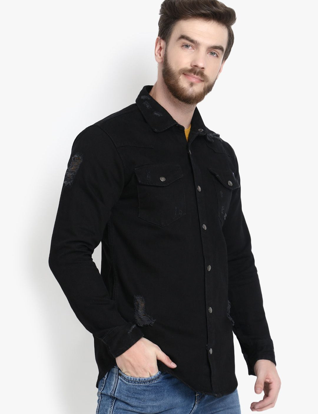 Kotty Men Black Regular Fit Solid Casual Shirt