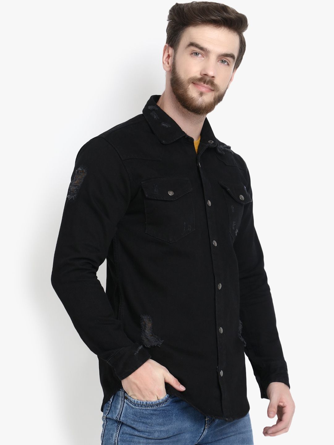 Kotty Men Black Regular Fit Solid Casual Shirt