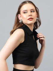 Kotty Black Shirt Collar Fitted Cotton Crop Top