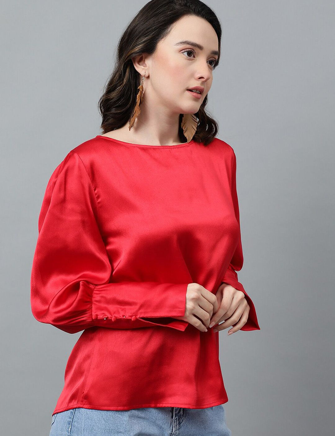 Kotty Red Cuffed Sleeves Satin Top