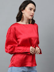 Kotty Red Cuffed Sleeves Satin Top