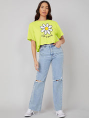Kotty Yellow Floral Printed Round Neck Drop-Shoulder Sleeves Oversized Crop T-shirt
