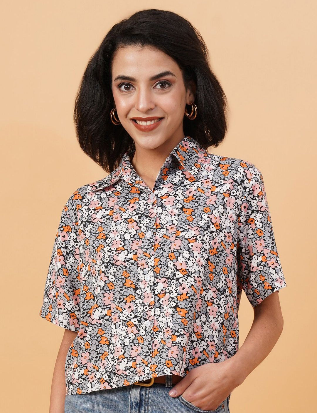 Kotty Black Floral Printed Casual Shirt