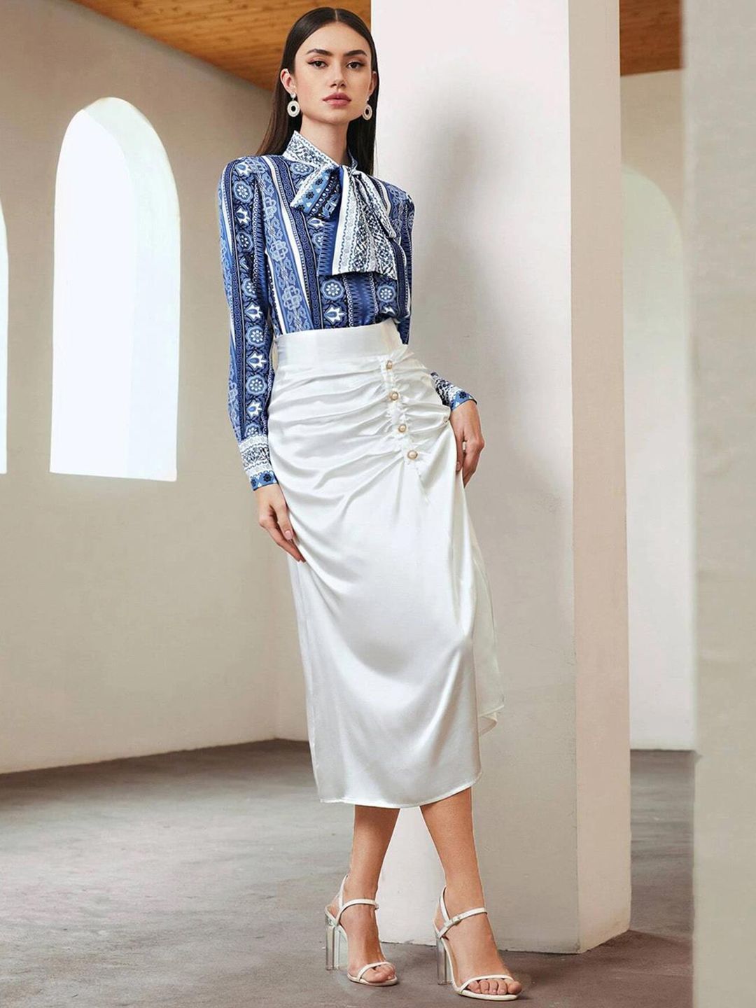 Kotty Print Tie-Up Neck Crepe Shirt Style Top