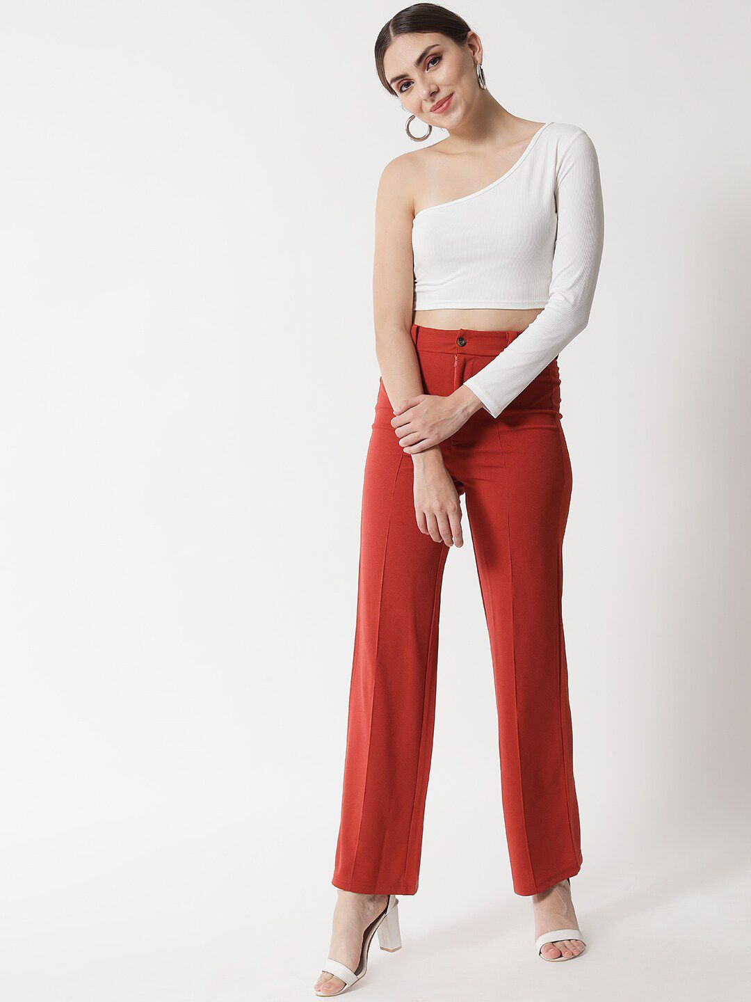 KOTTY BIZwear Women Orange Relaxed Straight Fit High-Rise Easy Wash Trousers