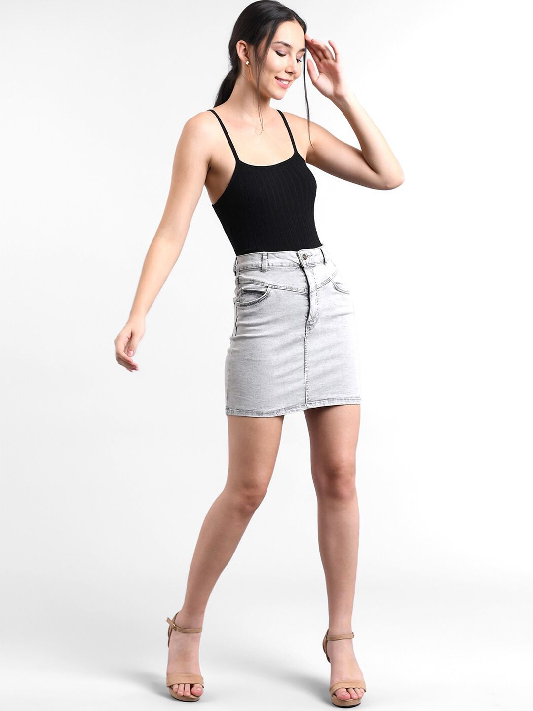 Kotty Women Grey Solid Denim Pencil Mini Skirt
