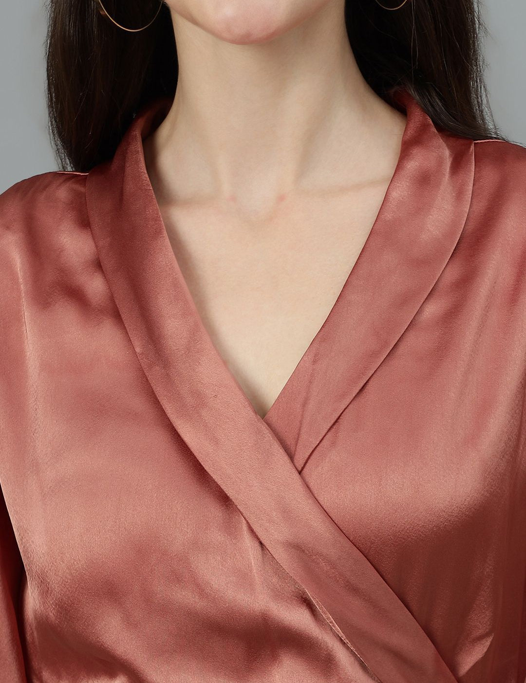 Kotty V-Neck Cuffed Sleeves Satin Wrap Dress