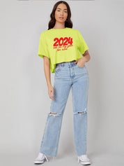 Kotty Typography Printed Round Neck Crop Oversized T-shirt
