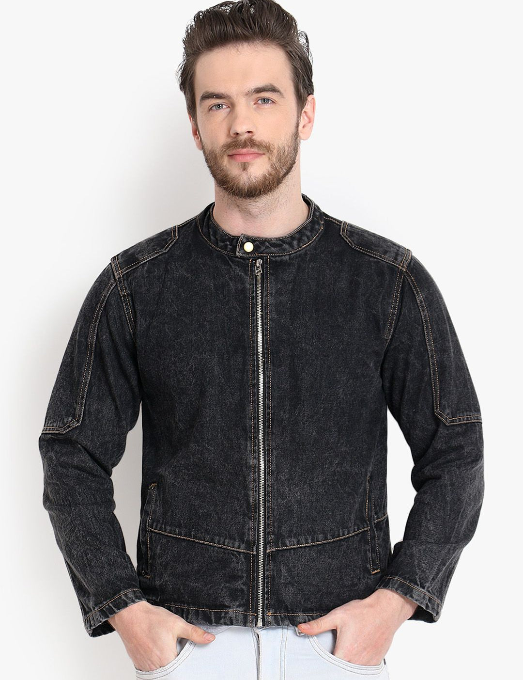Kotty Men Black Solid Denim Jacket