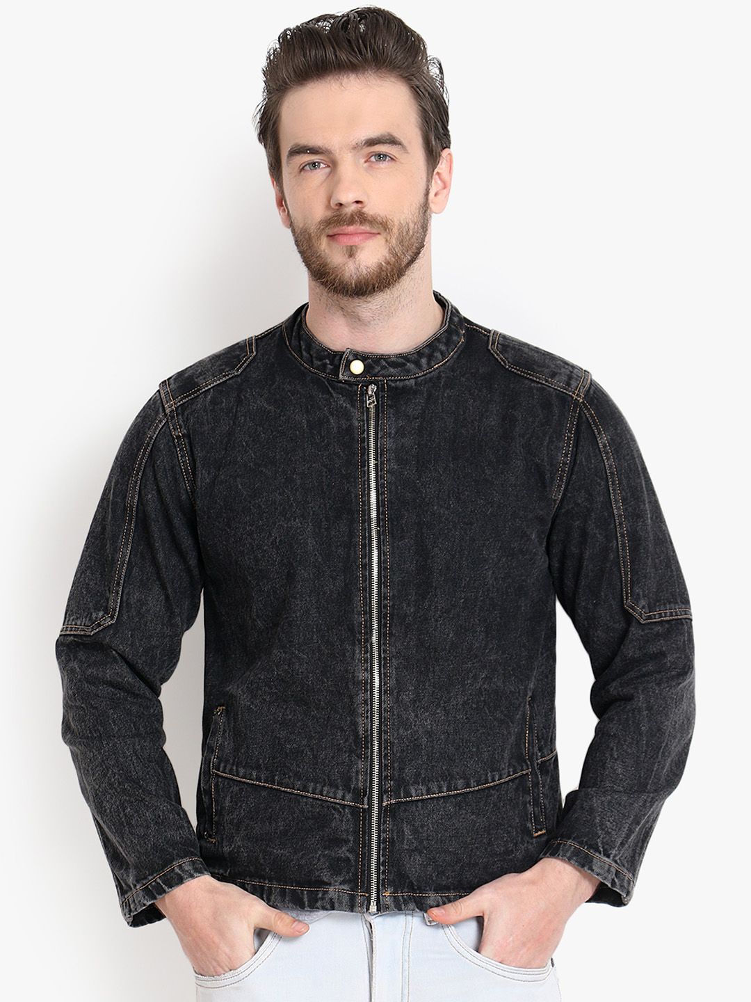 Kotty Men Black Solid Denim Jacket