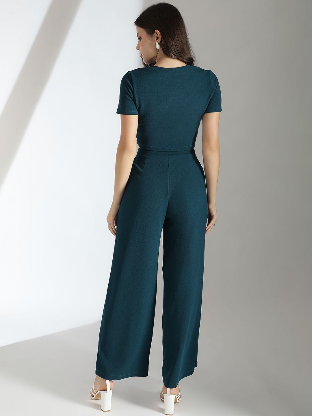 KOTTY Basics Teal Green Round Neck Top With Flared Trousers