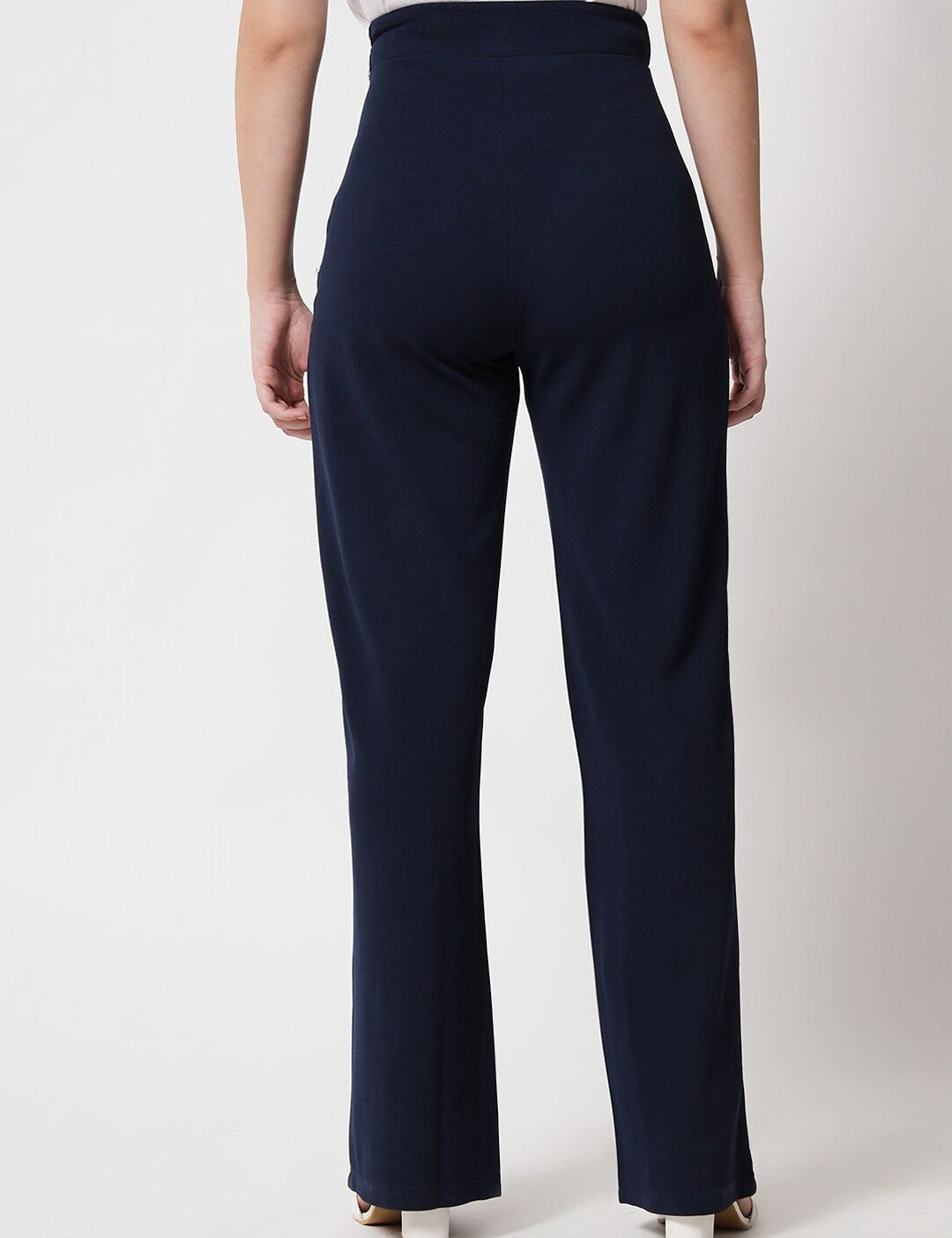 Kotty Women Navy Blue Relaxed Straight Fit High-Rise Easy Wash Trousers