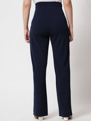 Kotty Women Navy Blue Relaxed Straight Fit High-Rise Easy Wash Trousers